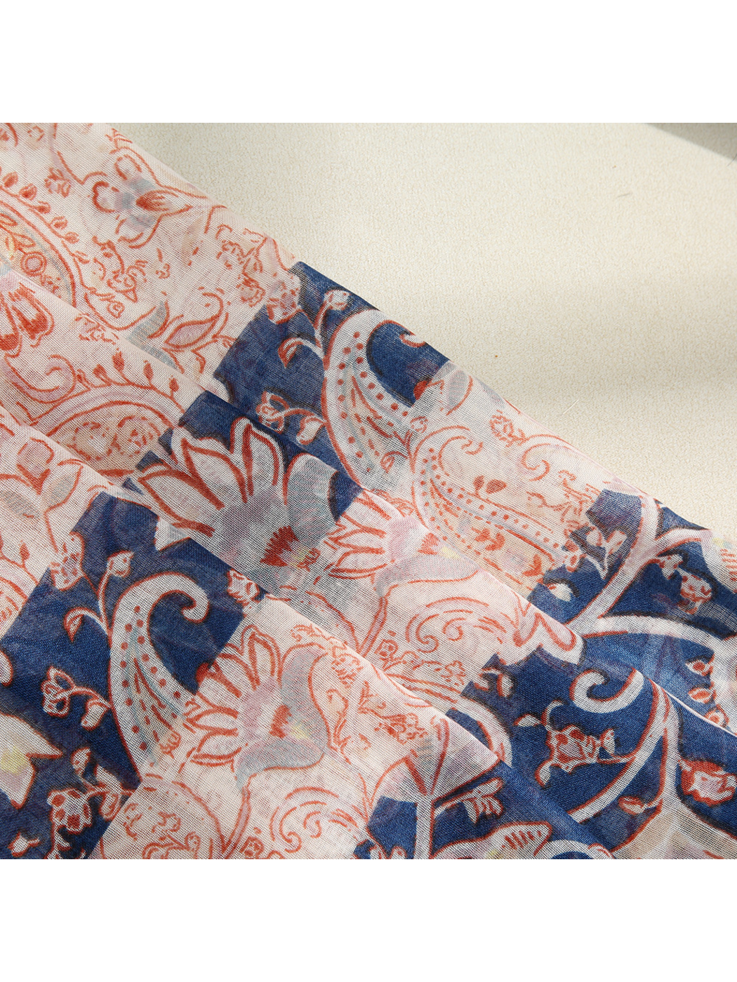 Close-up of contrasting navy and cream panels with floral and paisley motifs