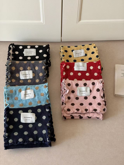 Black, Gray, Turquoise, Navy, Yellow, Red and Pink polka dot scarves displayed together