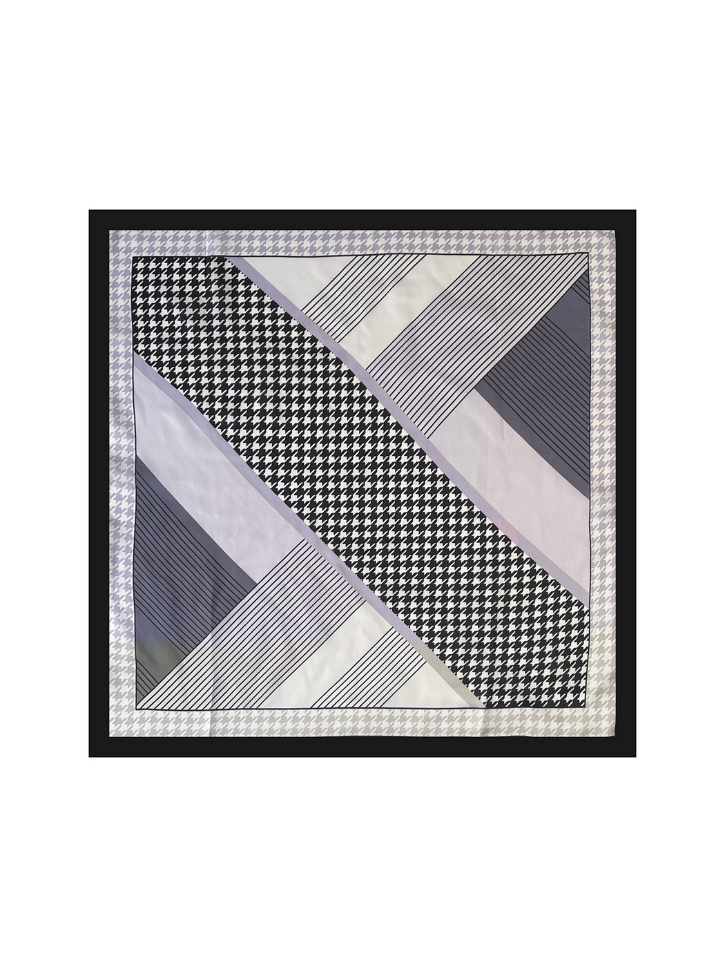 Gray square scarf spread flat with diagonal houndstooth panels, fine stripes and a black border