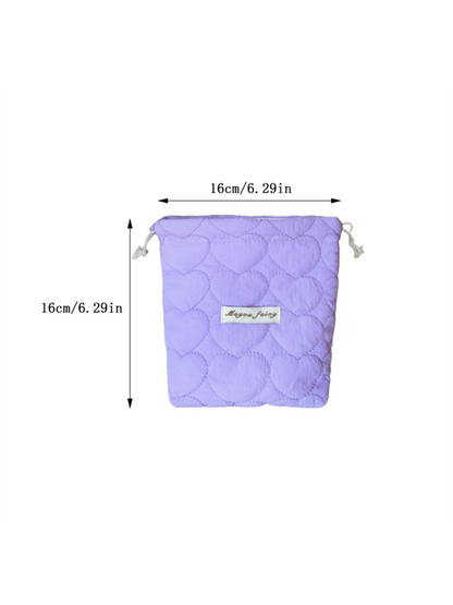 Purple heart-quilted pouch with width and height marked as 16 cm or 6.29 inches