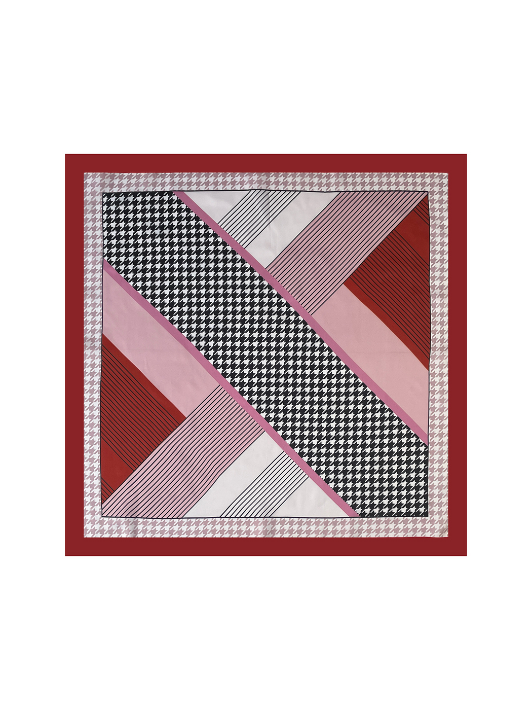 Red square scarf spread flat with diagonal houndstooth panels, fine stripes and a burgundy border