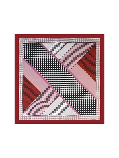 Red square scarf spread flat with diagonal houndstooth panels, fine stripes and a burgundy border