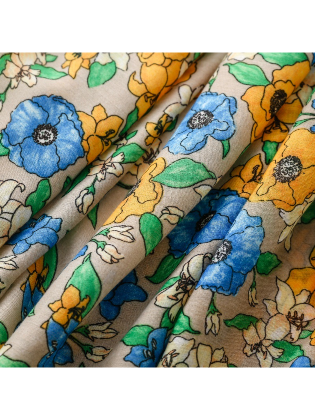 Close-up of blue and yellow floral motifs across scarf folds