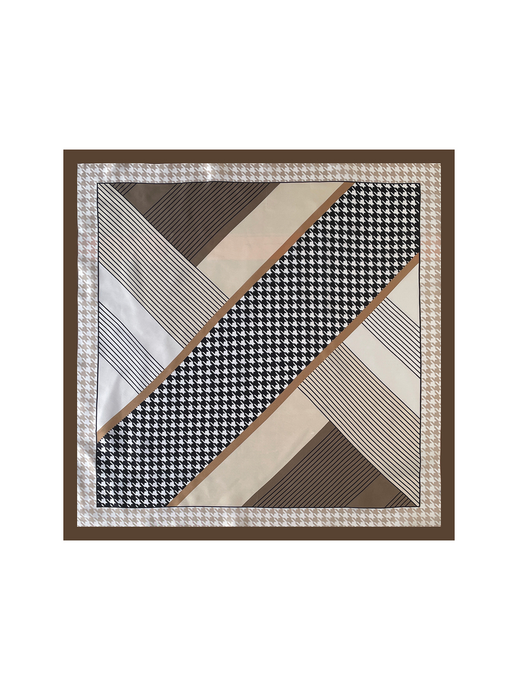 Brown square scarf spread flat with diagonal houndstooth panels, fine stripes and a brown border