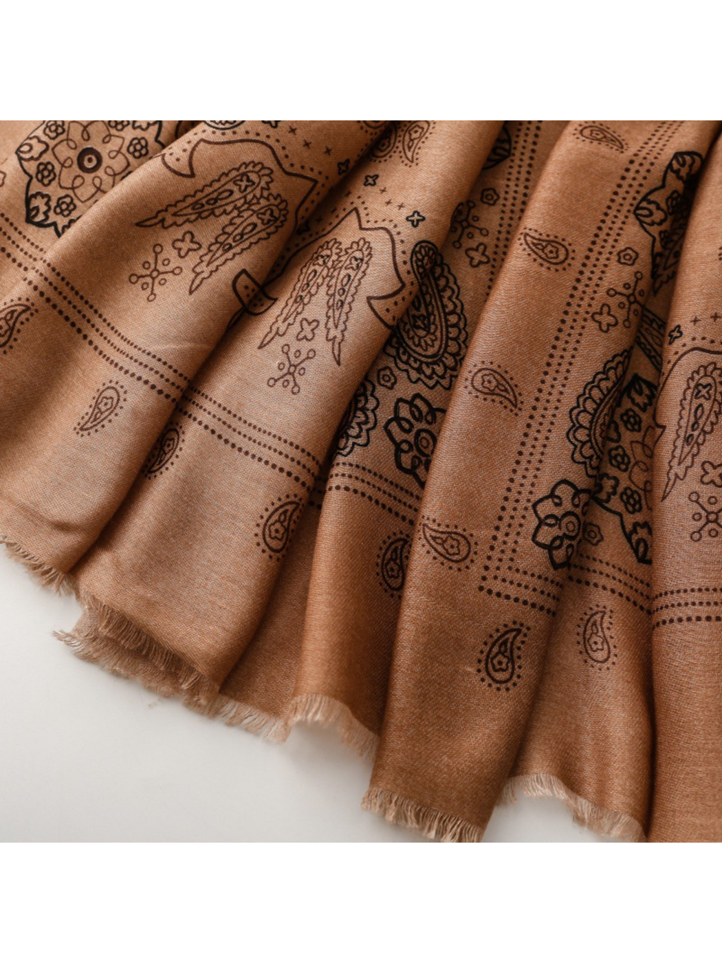 Close-up of paisley motifs, dotted borders and short fringed scarf edges