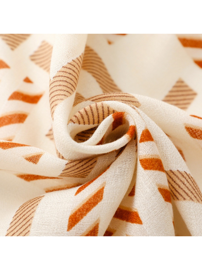 Close-up of geometric scarf motifs around a twisted fold