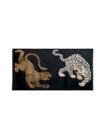 Black rectangular scarf laid flat with a spotted leopard and striped tiger