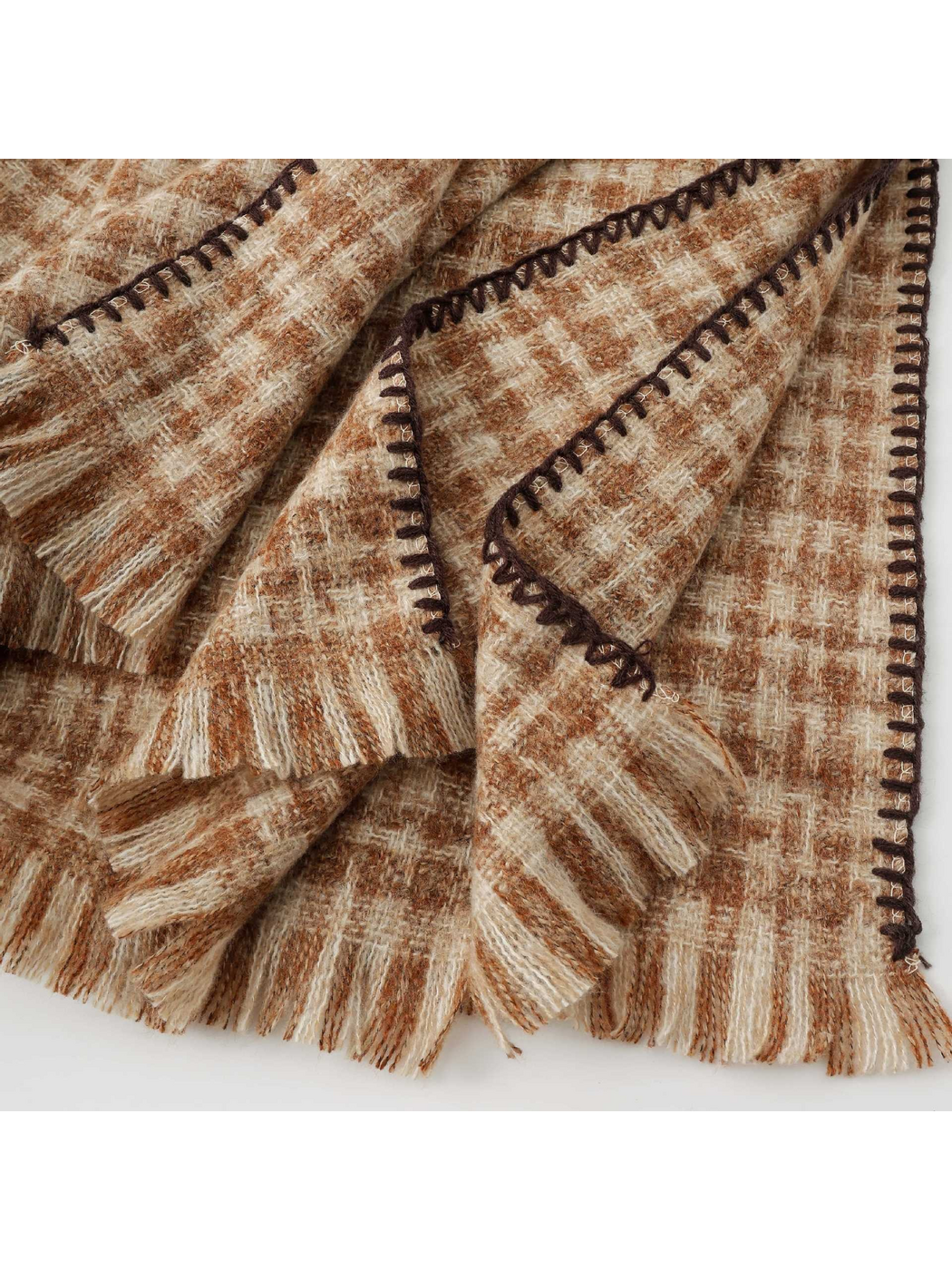 Close-up of Brown plaid scarf with dark blanket stitching, visible weave and fringed ends