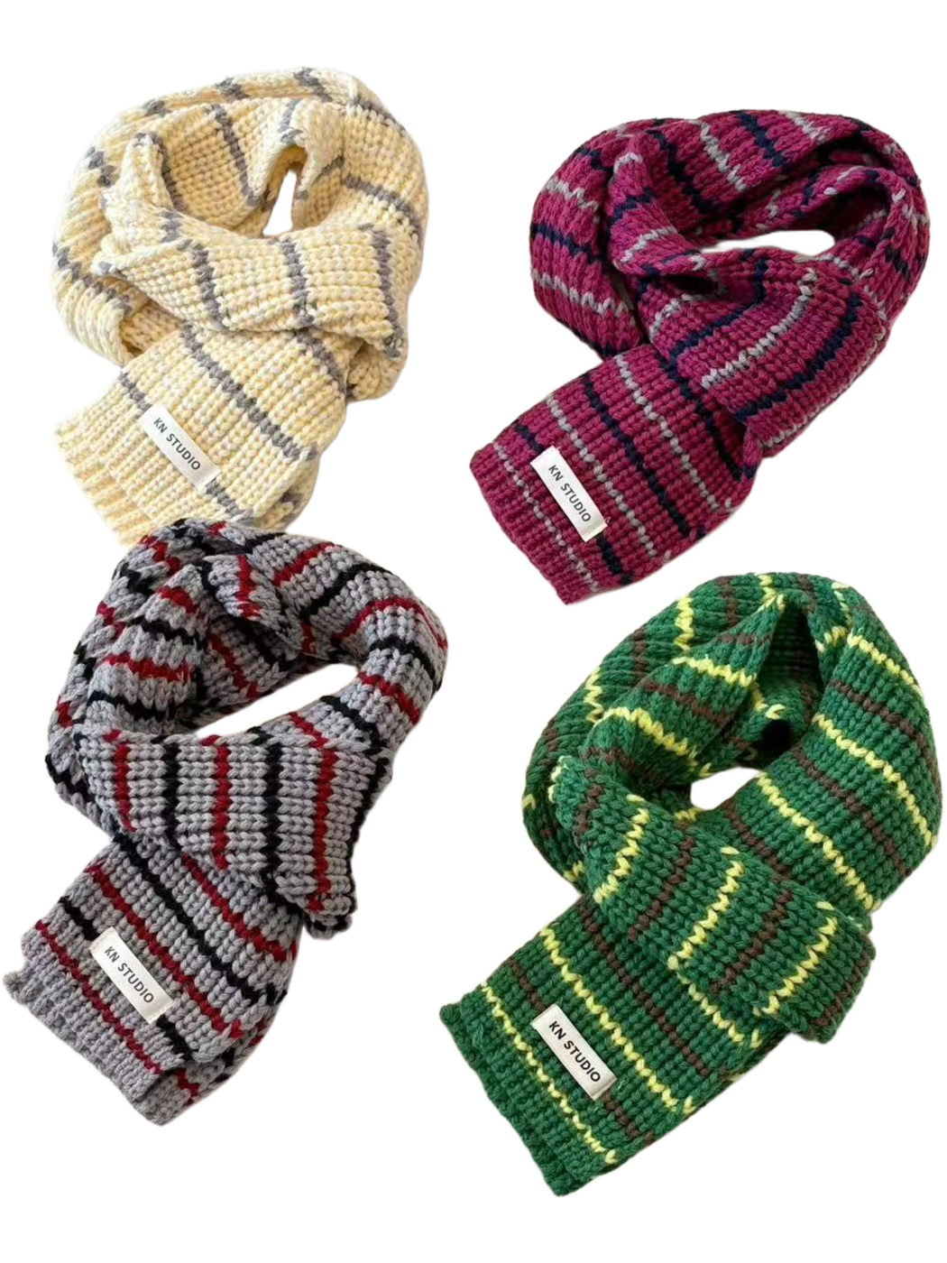 Beige, Fuchsia, Gray and Green striped knit scarves arranged in four loops