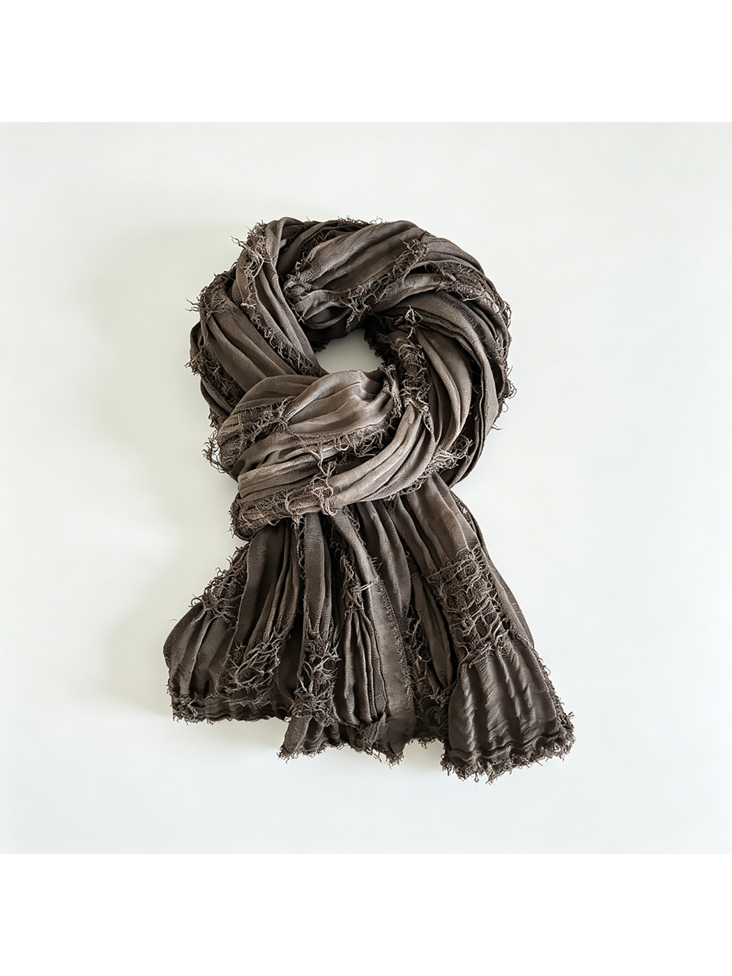 Brown textured scarf arranged in a loop with spread ends and visible openwork bands