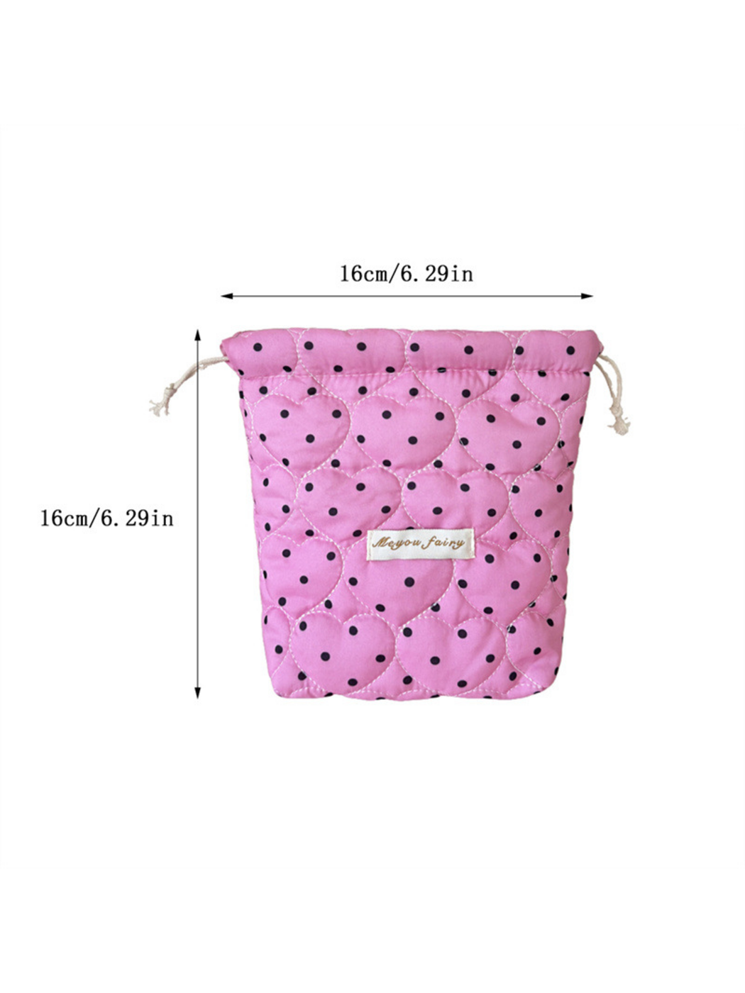 Rose Pink cosmetic pouch with width and height annotations of 16 cm and 6.29 in