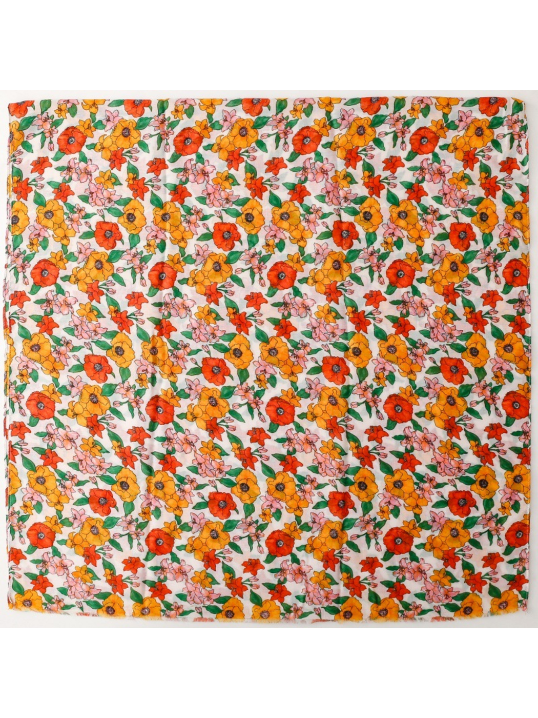 Floral scarf spread flat to show the allover pattern and fringed edges