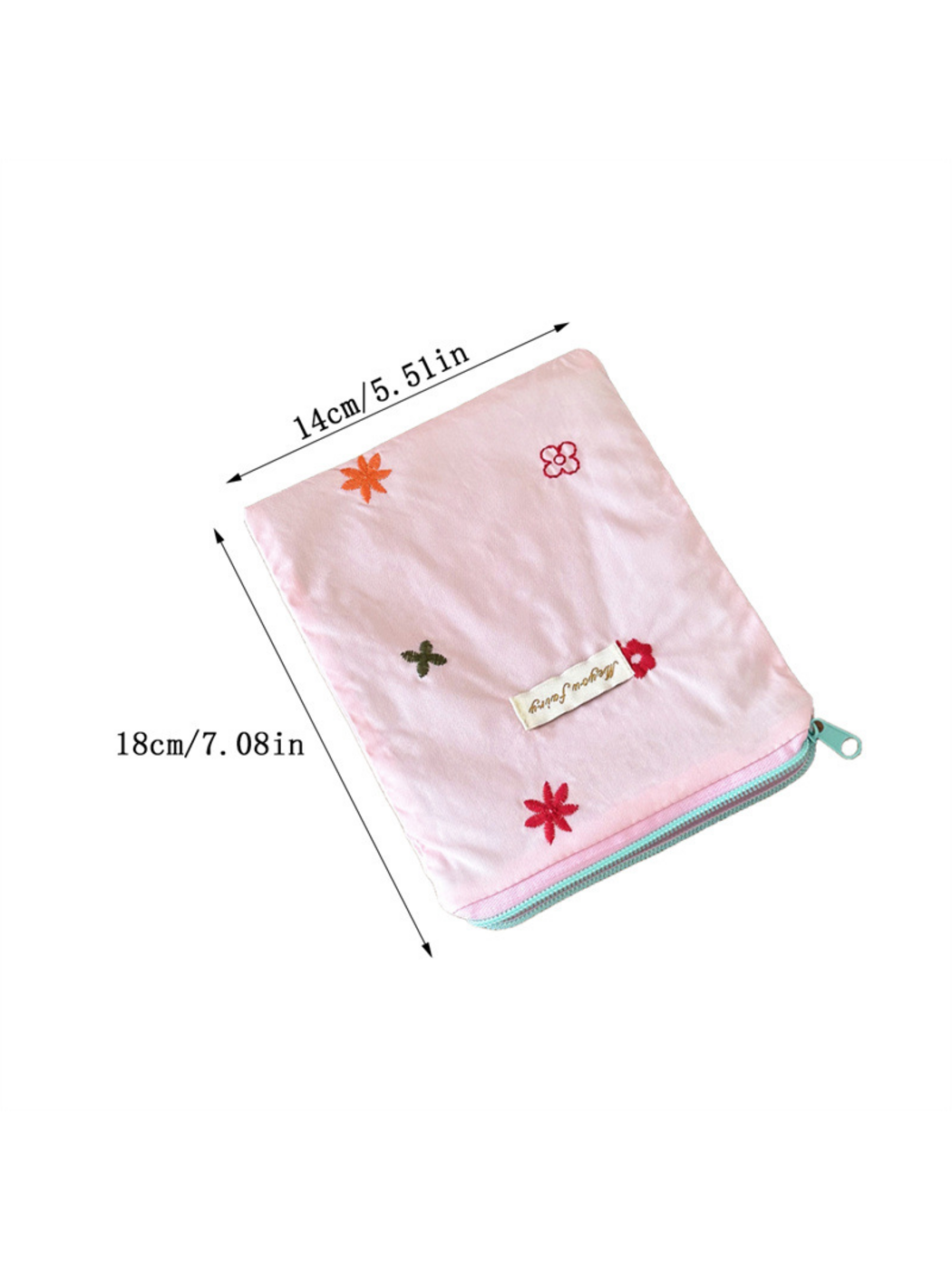 Pink floral embroidered pouch with width and height measurement annotations
