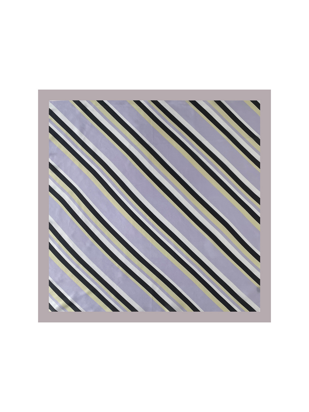 Purple square scarf spread flat with diagonal multicolor stripes