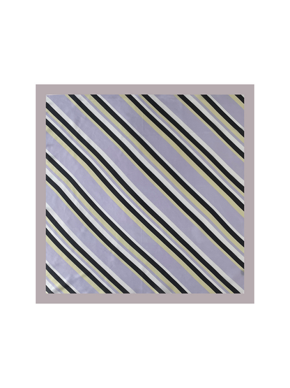 Purple square scarf spread flat with diagonal multicolor stripes