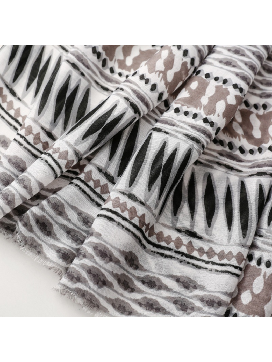 Close-up of pointed geometric bands, dotted motifs and the scarf’s fringed edge