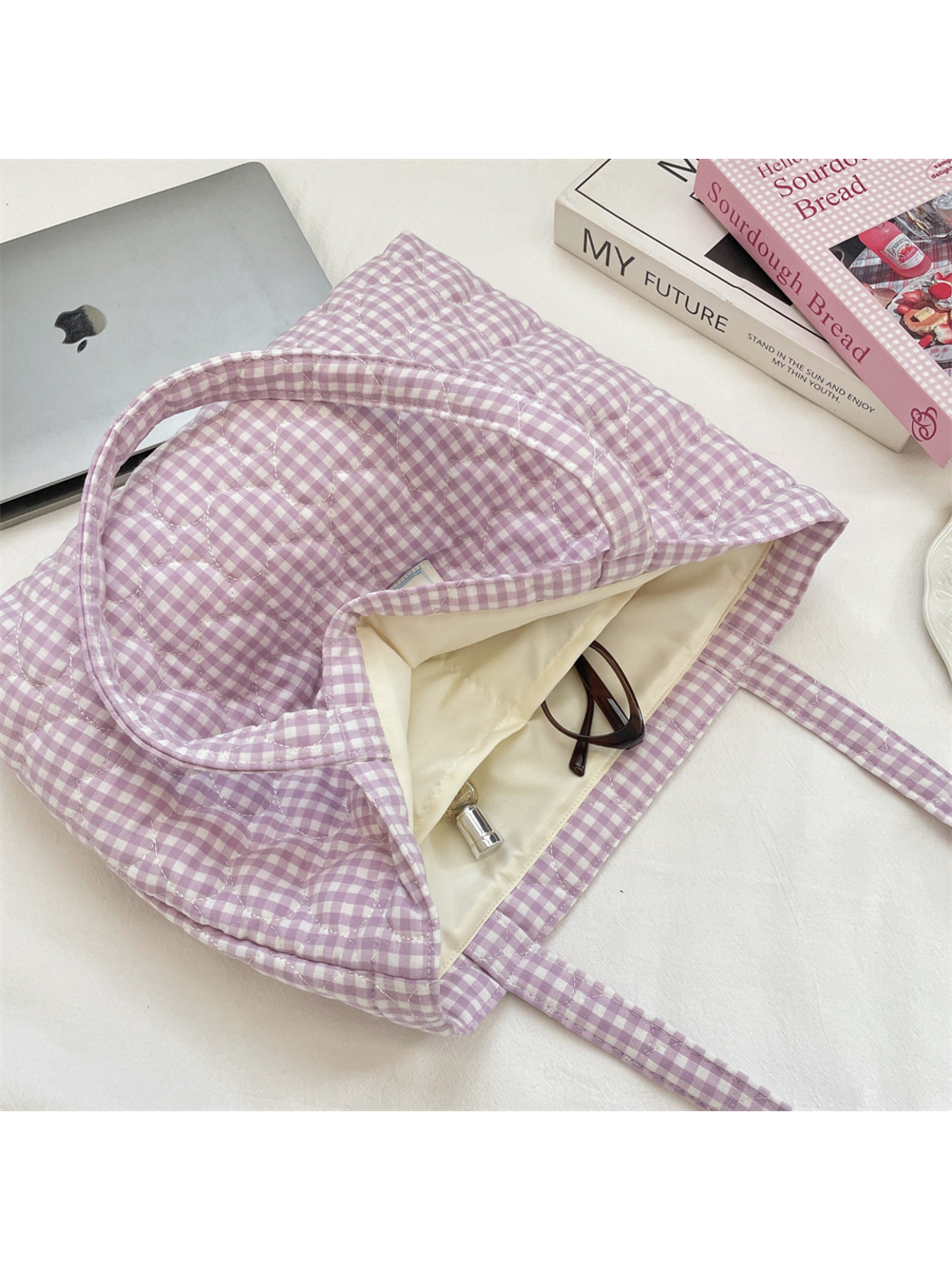 Light Purple gingham tote bag opened to show its pale cream interior