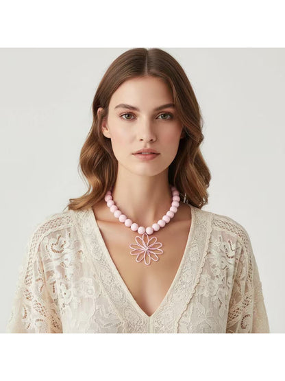 Close-up of Neckit Statement Flower Pendant Beaded Necklace with colorful flower pendant