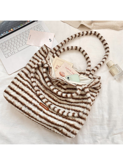 Cosbai - Soft Striped Fuzzy Shoulder Tote Bag