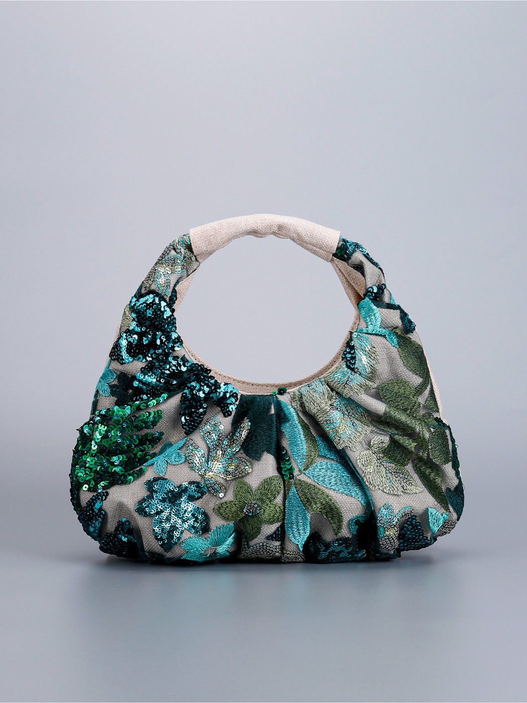 Cosbai Floral Sequin Ruched Hobo Bag open showing interior lining