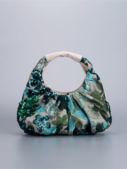 Cosbai Floral Sequin Ruched Hobo Bag open showing interior lining