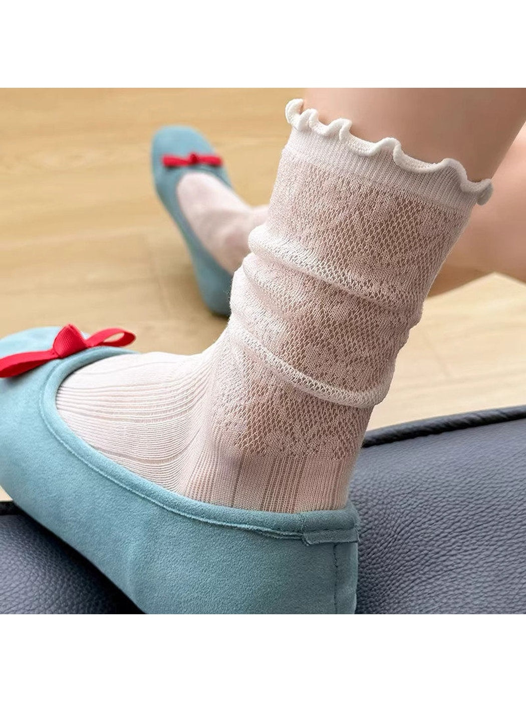 Rufia - Ruffle Trim Openwork Crew Socks