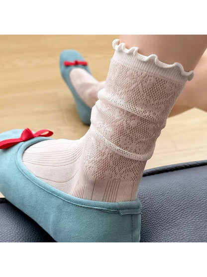 Rufia - Ruffle Trim Openwork Crew Socks