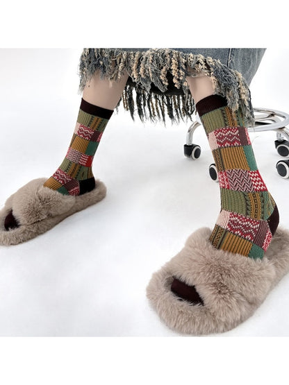 Rufia - Patchwork Plaid Pattern Casual Crew Socks