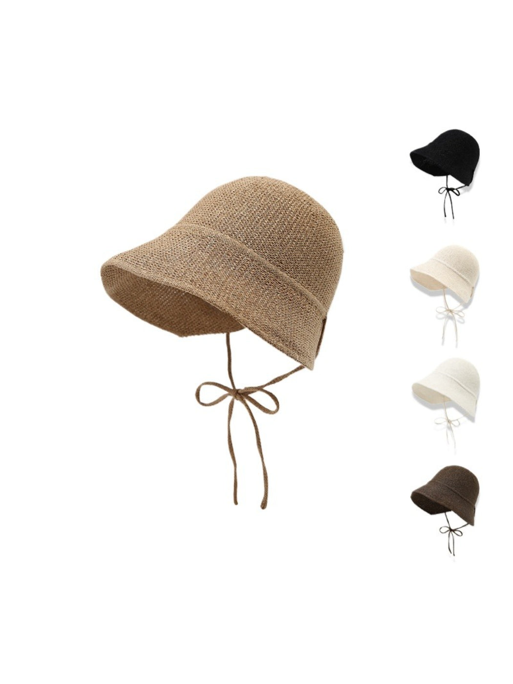 Haila tie strap woven bucket hat in natural color, front view