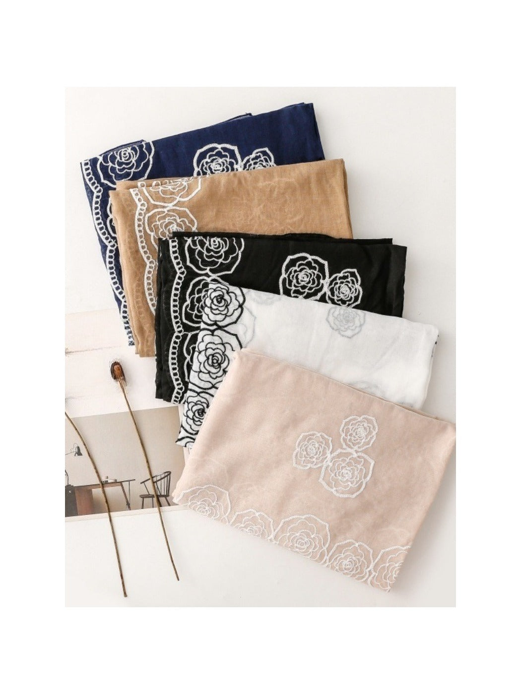 Scarvii - Elegant Scarf & Shawl with Rose Embroidered