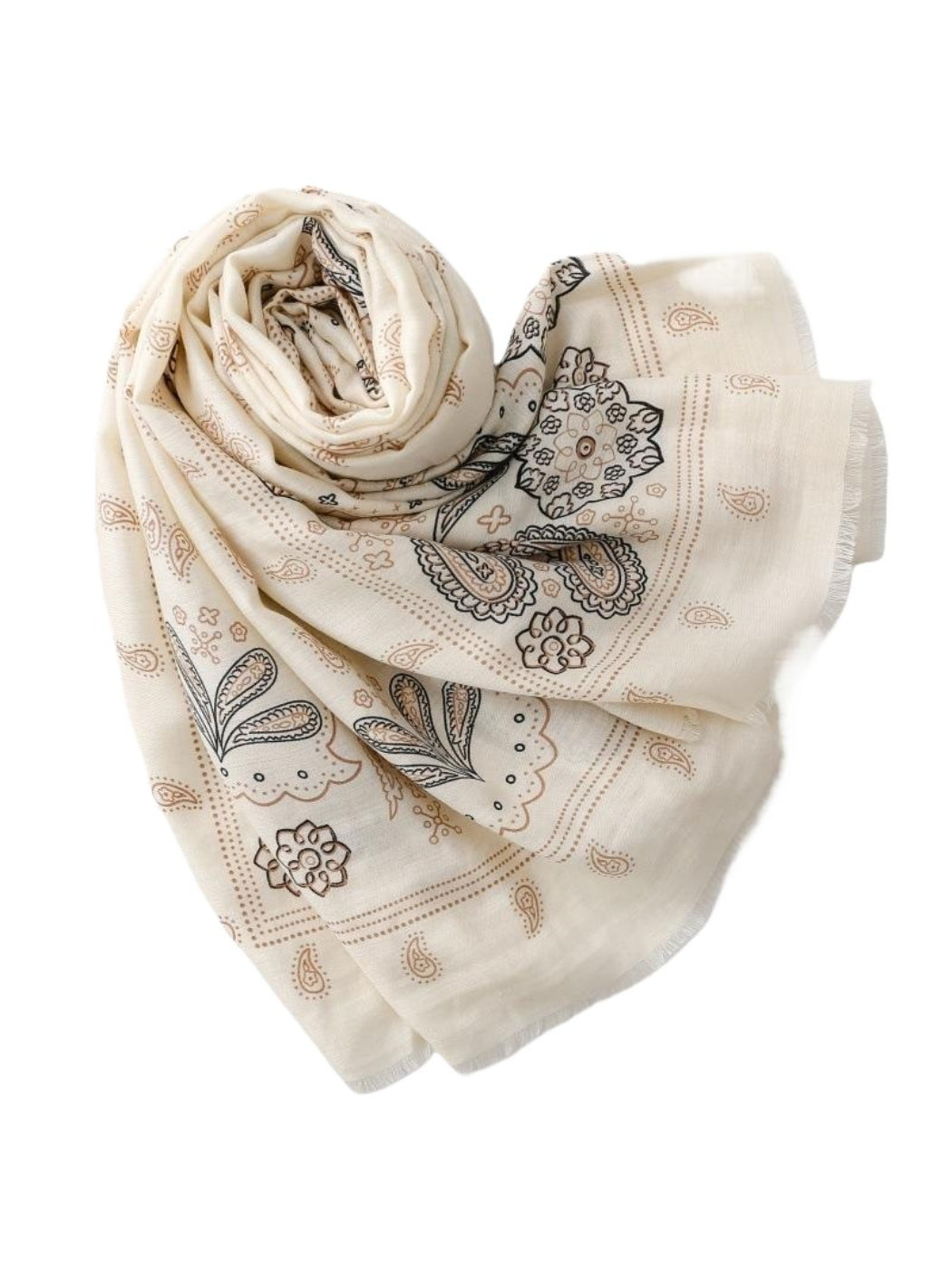 Scarf laid flat showing full paisley pattern and soft material