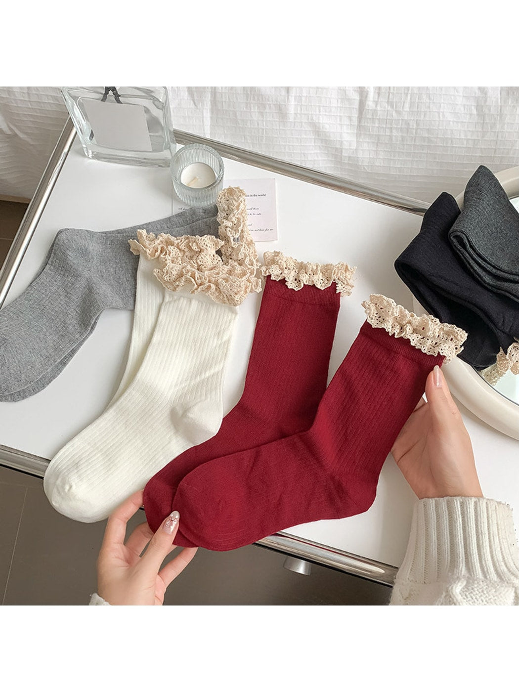 Rufia - Solid Color Ribbed Lace Trim Crew Socks