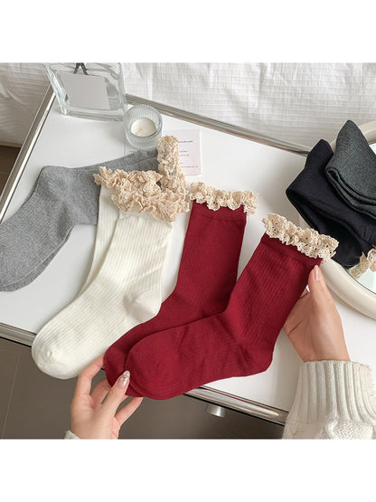 Rufia - Solid Color Ribbed Lace Trim Crew Socks