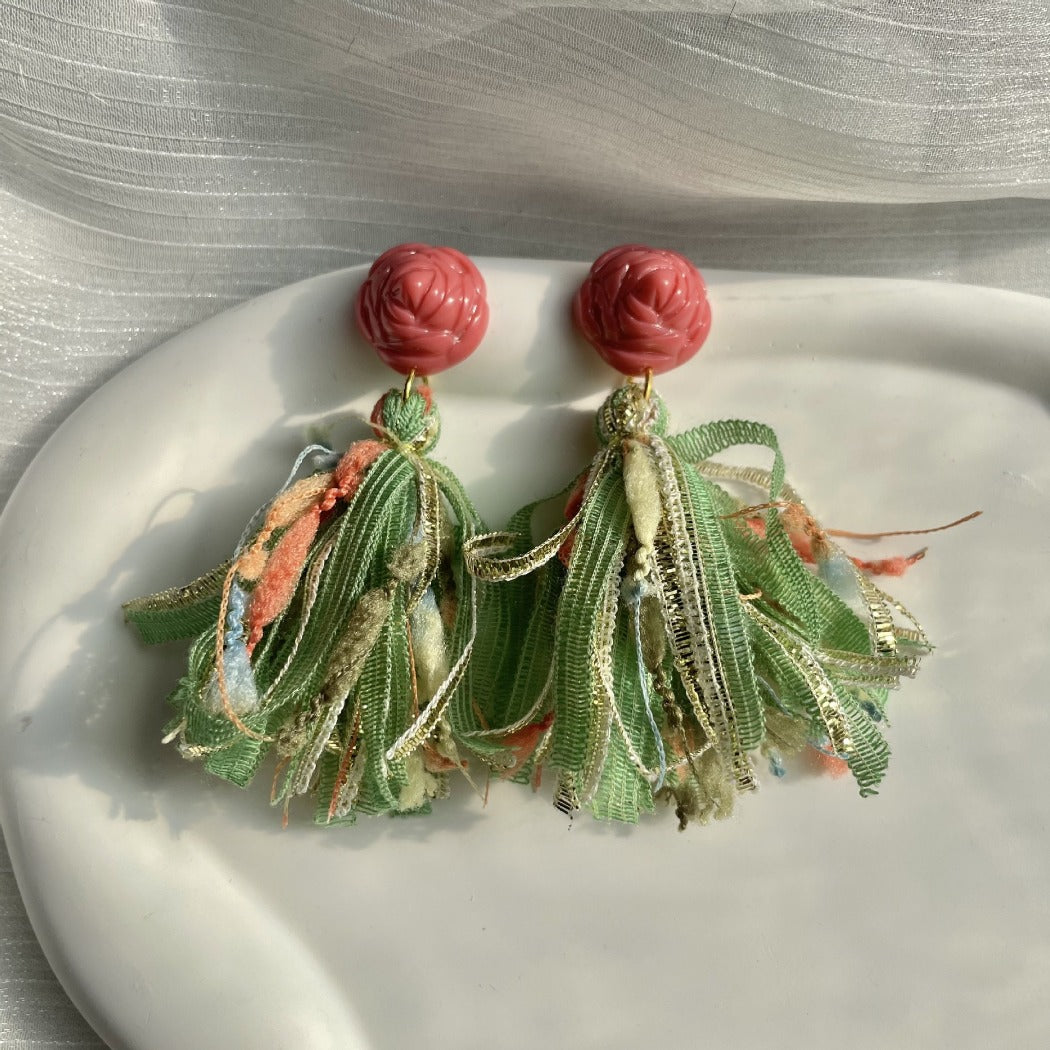 Earwish - Rose And Green Tassel Earrings - Vintage & Elegant