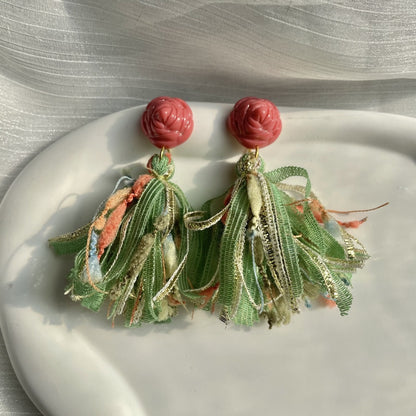 Earwish - Rose And Green Tassel Earrings - Vintage & Elegant