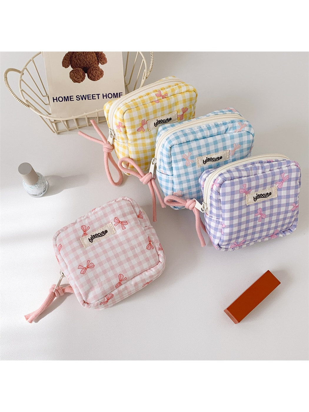 Cosbai - Small Plaid Makeup Pouch Square Bag