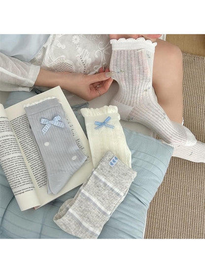 Rufia - Elegant Bow Ruffle Ribbed Crew Socks