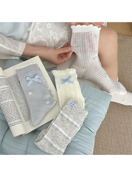 Rufia - Elegant Bow Ruffle Ribbed Crew Socks