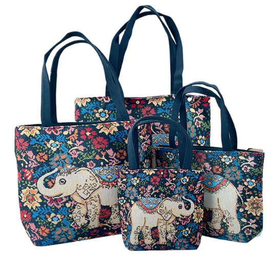 Cosbai - Blue Floral Elephant Tote Bag - Practical & Durable
