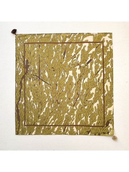 Scarvii - Green Botanical Print Tassel Square Scarf
