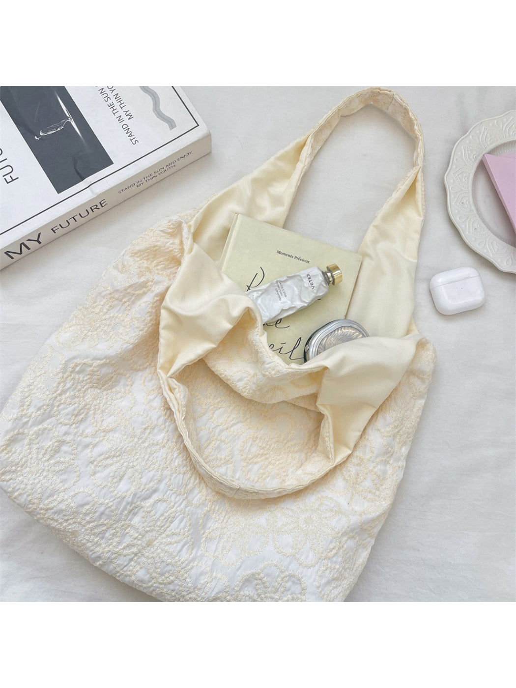 Cosbai soft textured shoulder tote bag angled to show shape and design
