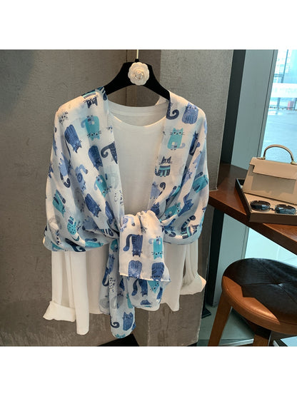 Scarvii - Blue Tone Cartoon Cat Pattern Scarf