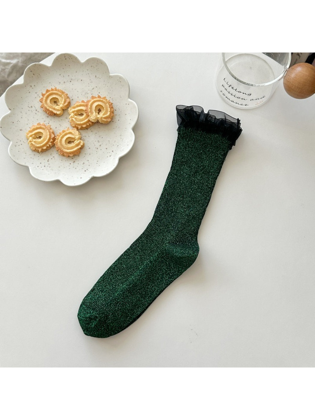 Rufia green ruffle cuff crew sock flat lay