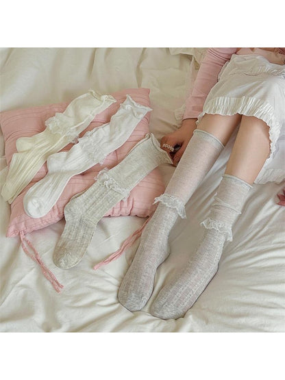 Rufia - Plain Lace Ruffle Trim Mid Calf Socks