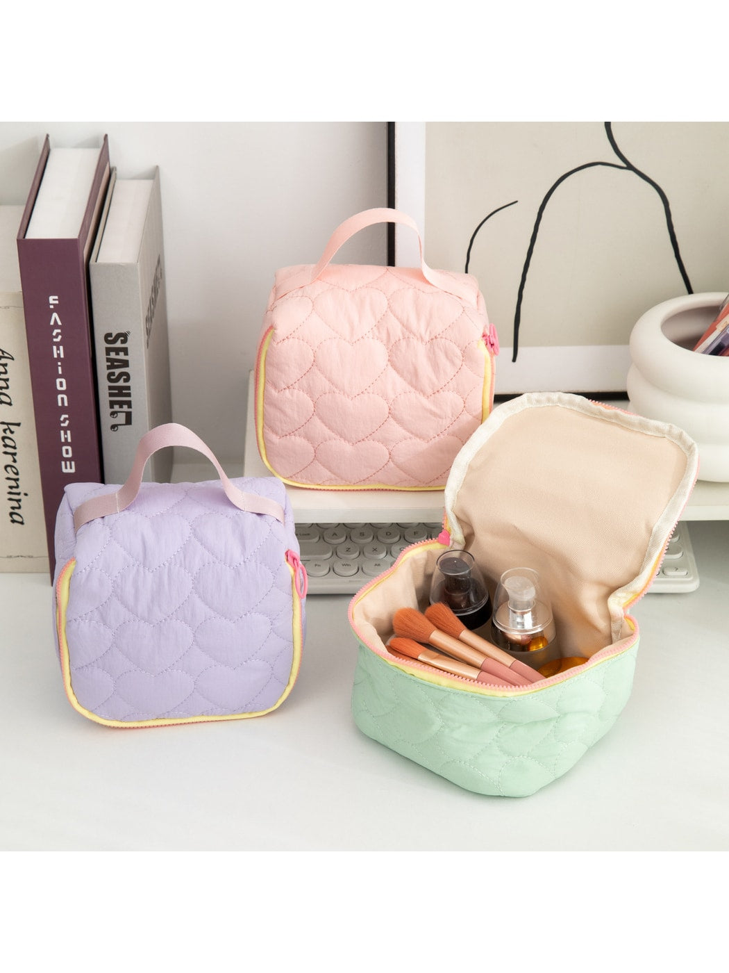 Cosbai - Heart Quilted Zipper Cosmetic Organizer Bag