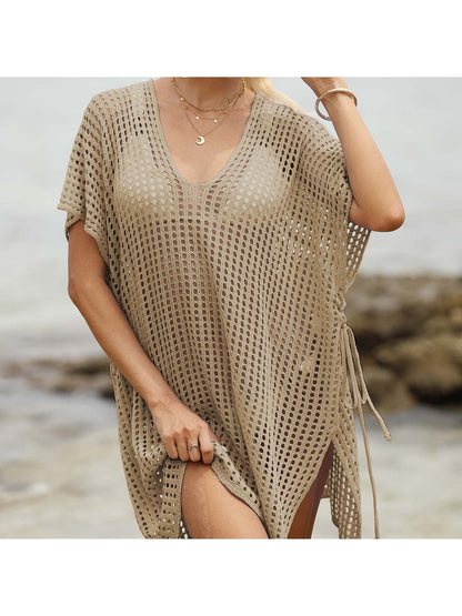 Crosa - Hollow-Out Solid Color Loose Beach Cover Up Dress