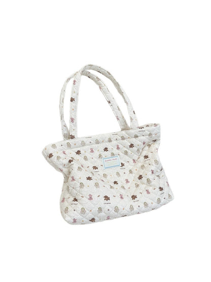 Cosbai - Floral Quilted Tote Bag with Cartoon Pattern