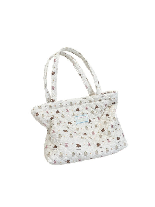 Cosbai - Floral Quilted Tote Bag with Cartoon Pattern