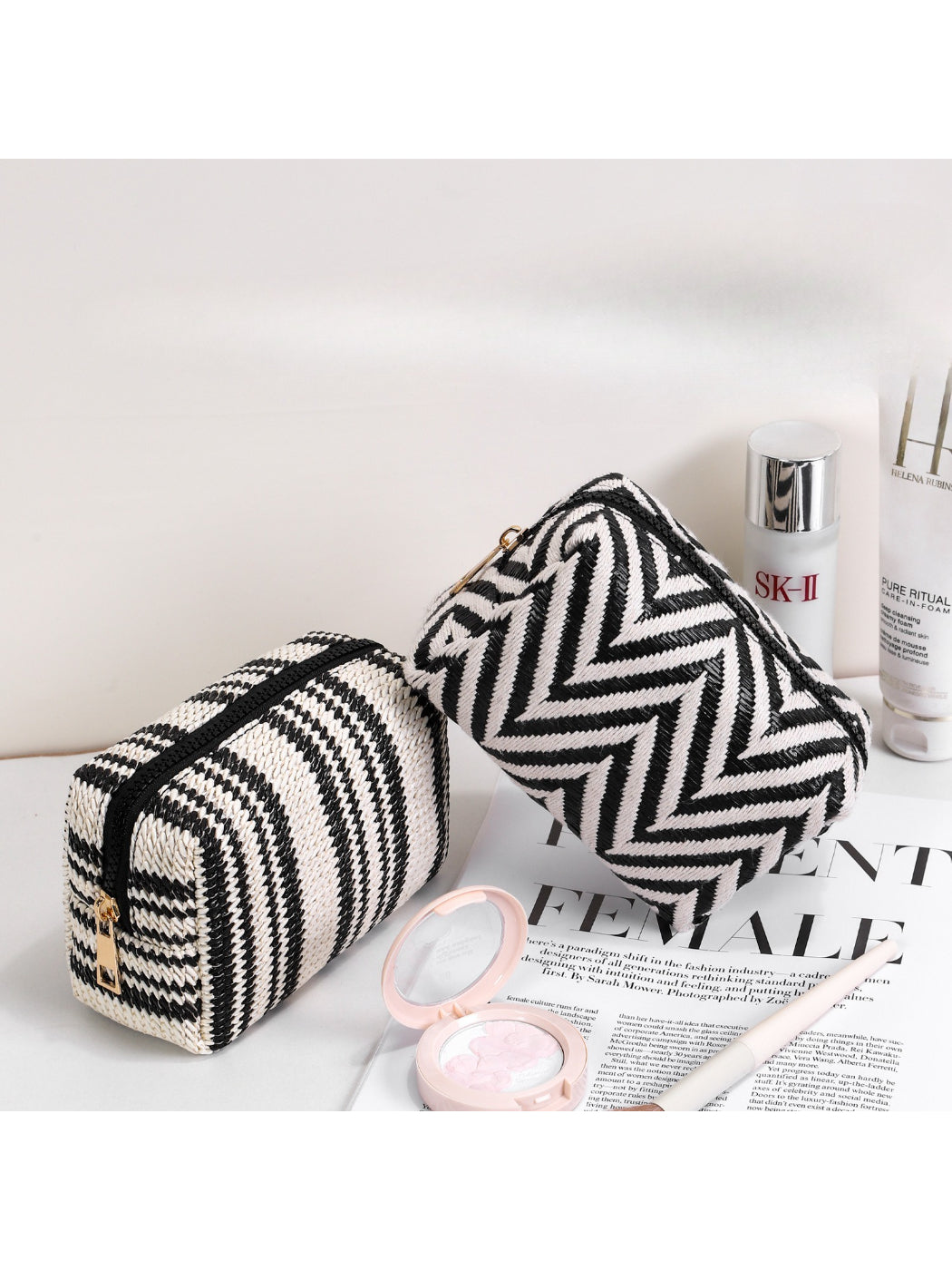 Cosbai modern cosmetic pouch with zigzag pattern in neutral tones