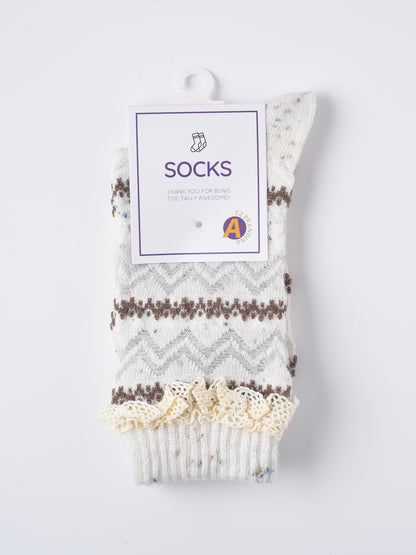 Rufia - Lace Trim Cozy Pattern Crew Socks